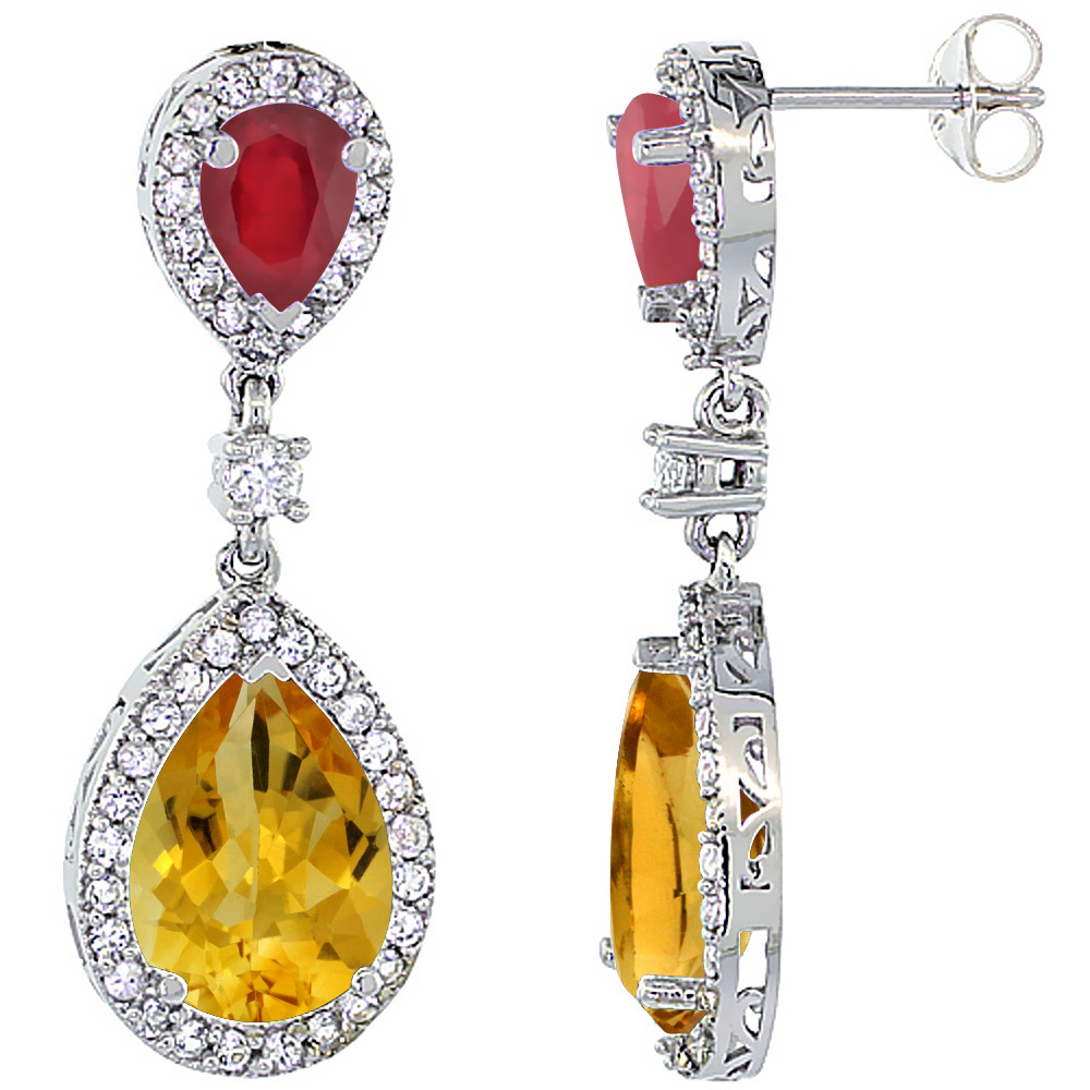 14K WHITE GOLD NATURAL CITRINE & ENHANCED RUBY TEARDROP EARRINGS WHITE SAPPHIRE & DIAMOND