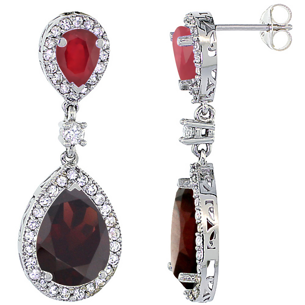 14K WHITE GOLD NATURAL GARNET & ENHANCED RUBY TEARDROP EARRINGS WHITE SAPPHIRE & DIAMOND