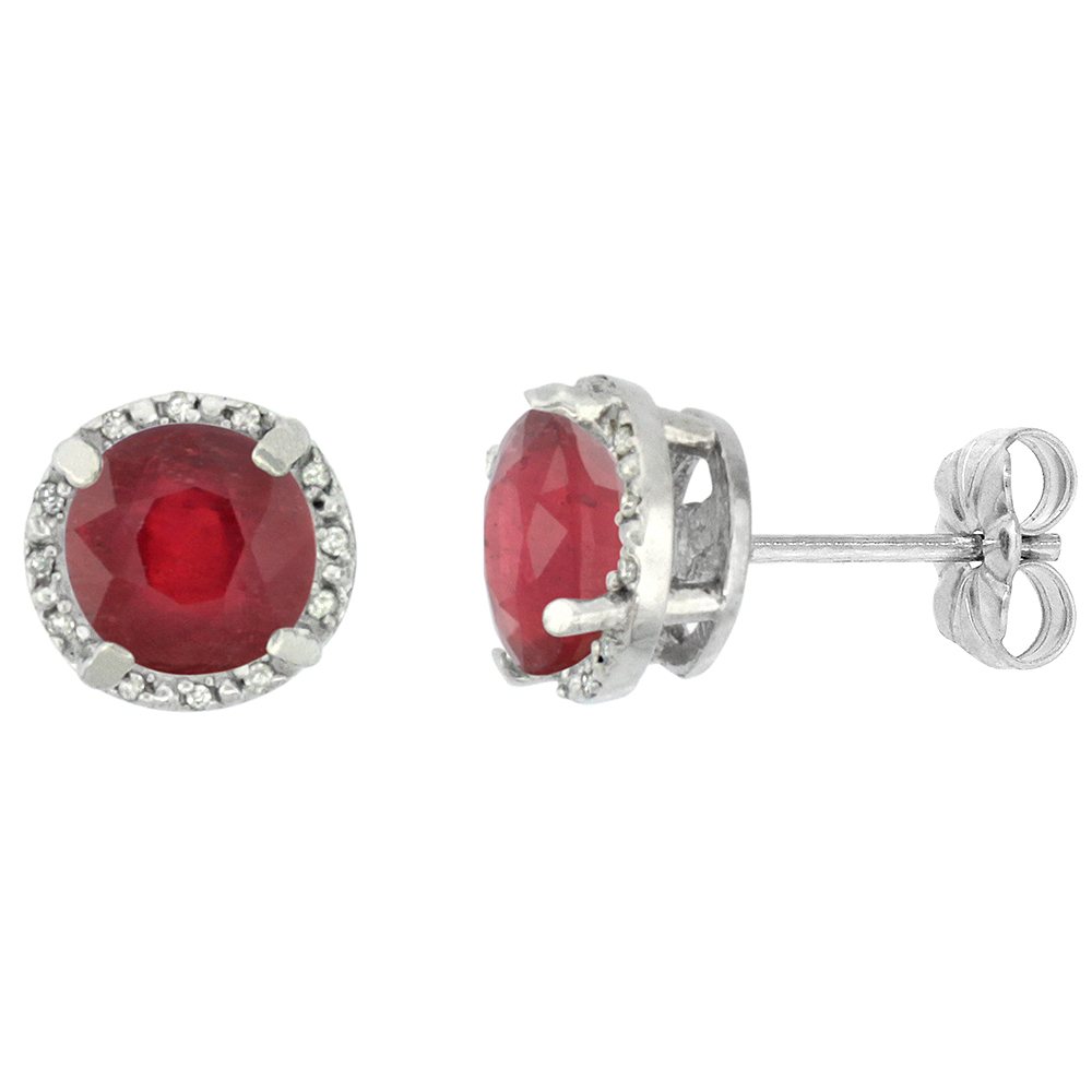 10K WHITE GOLD 0.06 CTTW DIAMOND ENHANCED GENUINE RUBY EARRINGS ROUND 7X7 MM