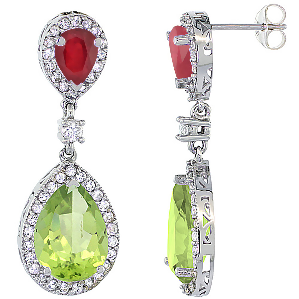 14K WHITE GOLD NATURAL PERIDOT & ENHANCED RUBY TEARDROP EARRINGS WHITE SAPPHIRE & DIAMOND