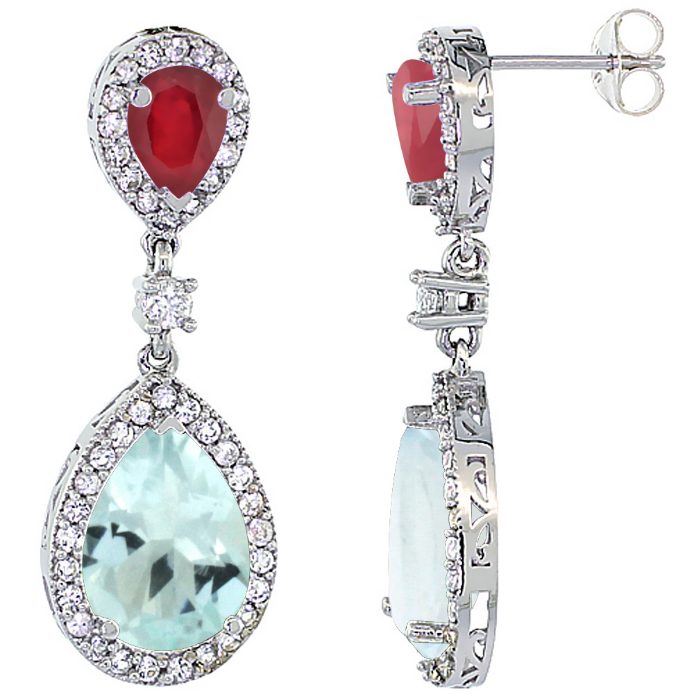 14K WHITE GOLD NATURAL AQUAMARINE & ENHANCED RUBY TEARDROP EARRINGS WHITE SAPPHIRE & DIAMOND