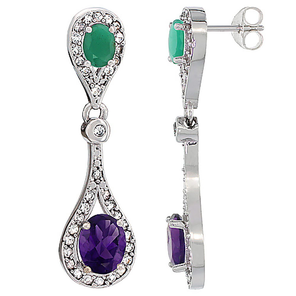 14K WHITE GOLD NATURAL AMETHYST & EMERALD OVAL DANGLING EARRINGS WHITE SAPPHIRE & DIAMOND ACCENTS, 1 3/8 INCHES LONG