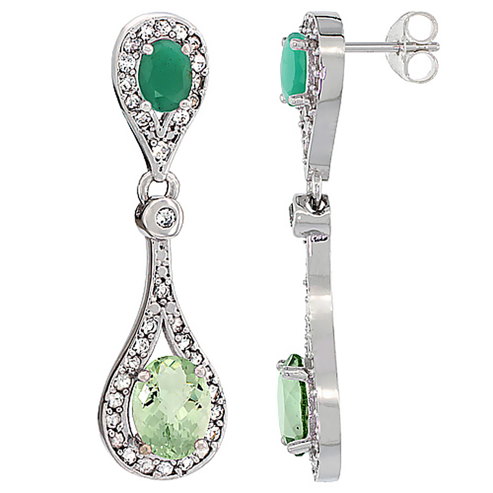 14K WHITE GOLD NATURAL GREEN AMETHYST & EMERALD OVAL DANGLING EARRINGS WHITE SAPPHIRE & DIAMOND ACCENTS, 1 3/8 INCHES LONG