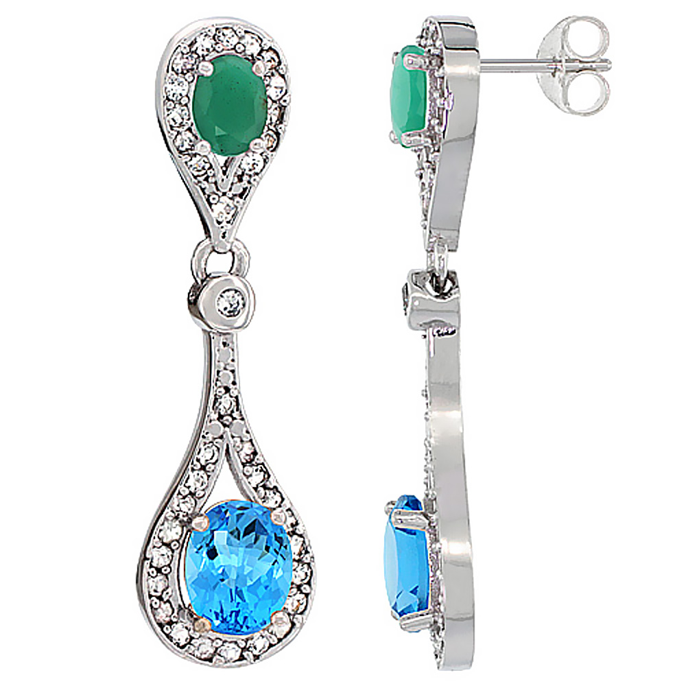 14K WHITE GOLD NATURAL SWISS BLUE TOPAZ & EMERALD OVAL DANGLING EARRINGS WHITE SAPPHIRE & DIAMOND ACCENTS, 1 3/8 INCHES LONG
