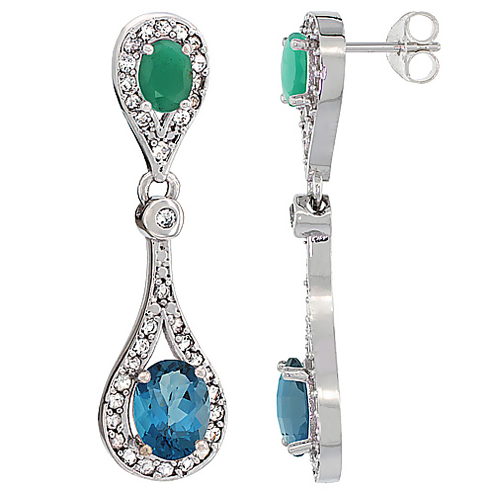 14K WHITE GOLD NATURAL LONDON BLUE TOPAZ & EMERALD OVAL DANGLING EARRINGS WHITE SAPPHIRE & DIAMOND ACCENTS, 1 3/8 INCHES LONG