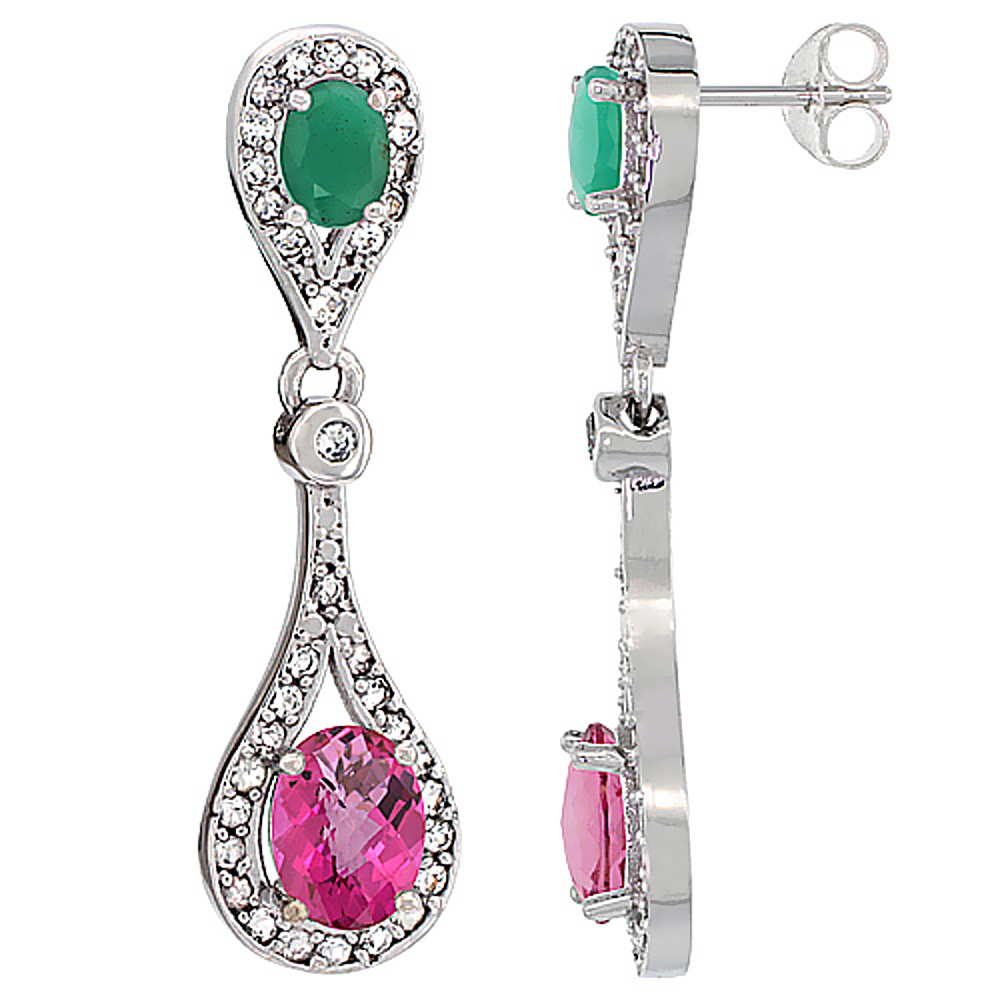 14K White Gold Natural Pink Topaz & Cabochon Emerald Oval Dangling Earrings White Sapphire & Diamond Accents, 1 3/8 inches long