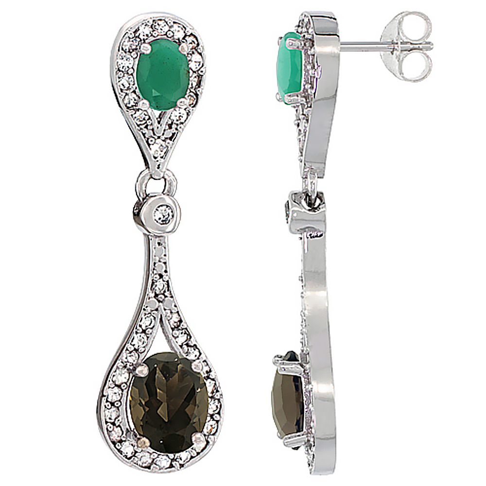 14K WHITE GOLD NATURAL SMOKY TOPAZ & EMERALD OVAL DANGLING EARRINGS WHITE SAPPHIRE & DIAMOND ACCENTS, 1 3/8 INCHES LONG