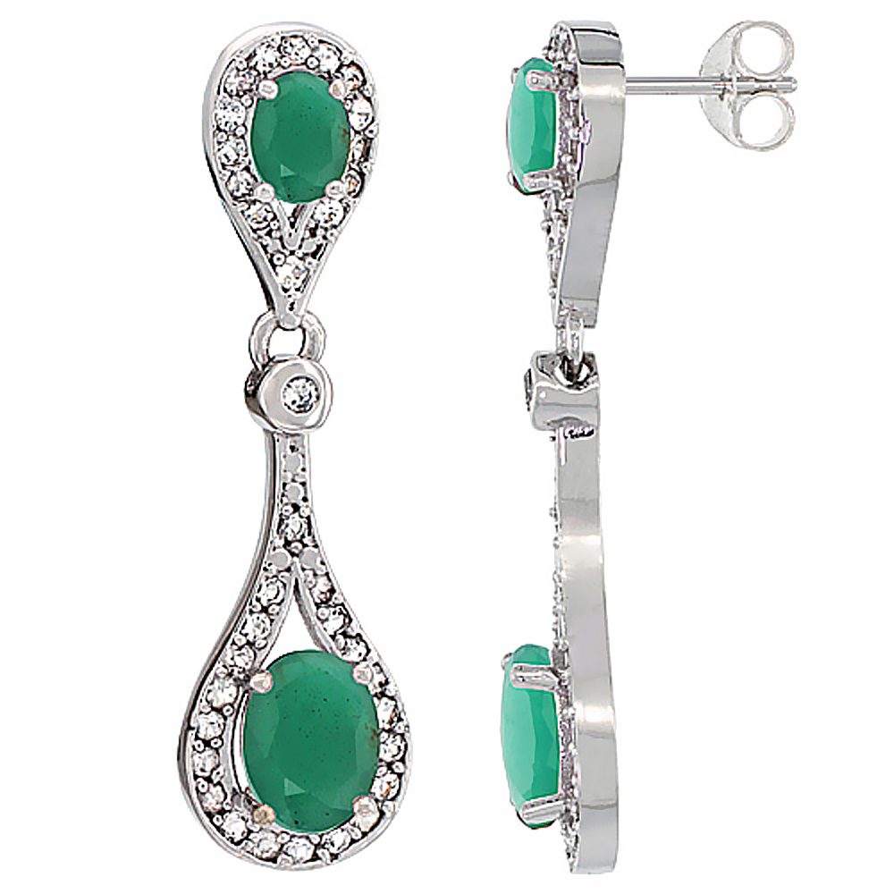 14K WHITE GOLD NATURAL MYSTIC TOPAZ & EMERALD OVAL DANGLING EARRINGS WHITE SAPPHIRE & DIAMOND ACCENTS, 1 3/8 INCHES LONG