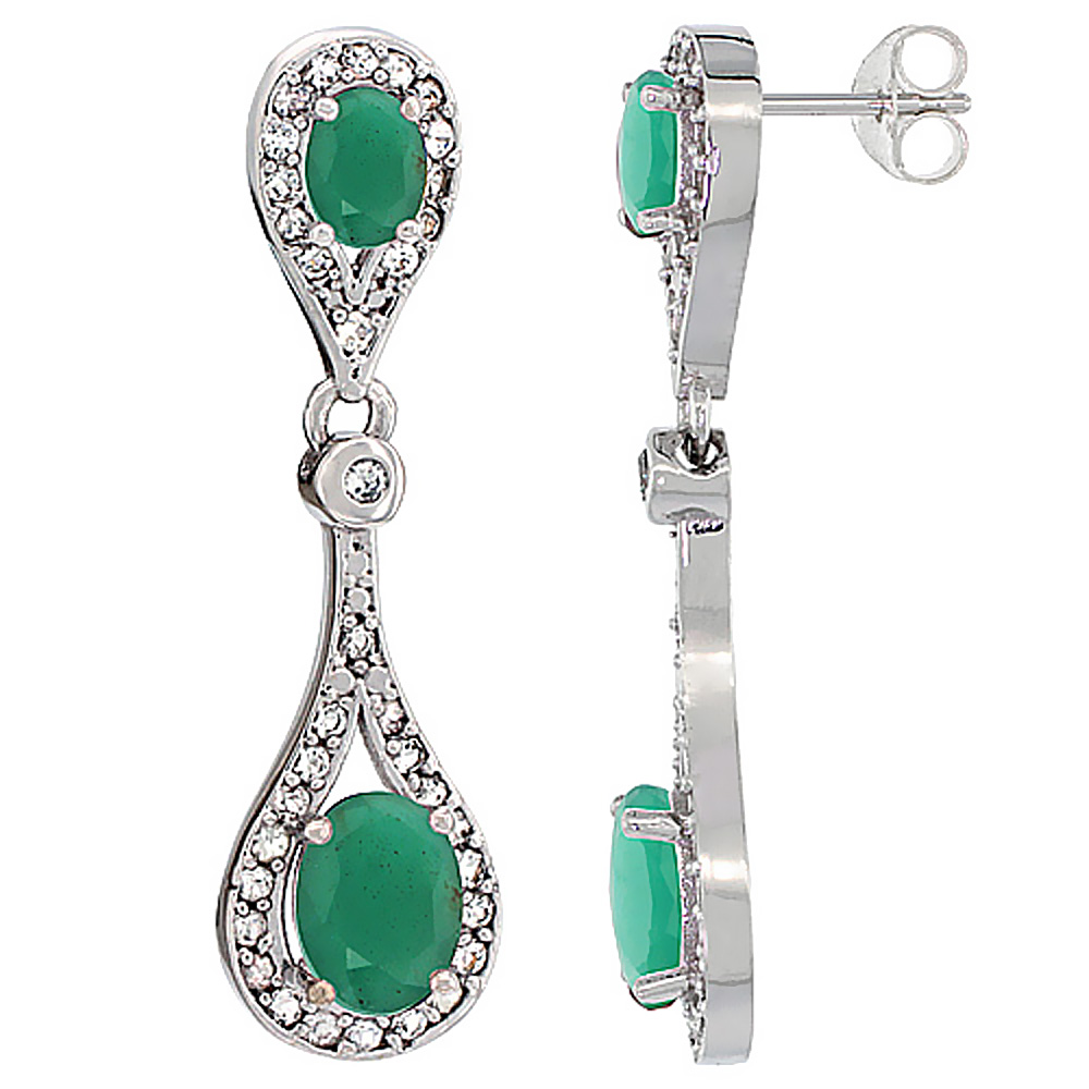 14K White Gold Natural Mystic Topaz & Emerald Oval Dangling Earrings White Sapphire & Diamond Accents, 1 3/8 inches long