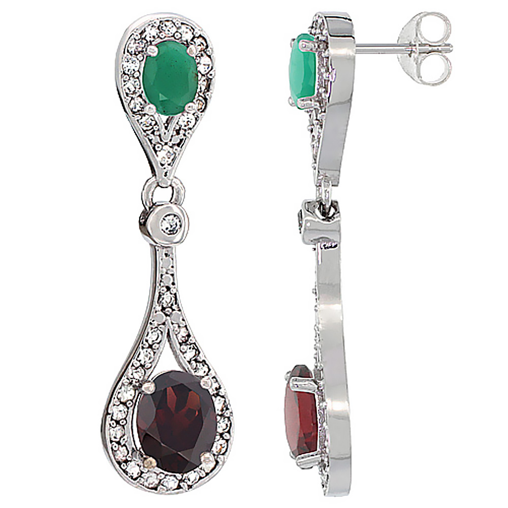 14K WHITE GOLD NATURAL GARNET & EMERALD OVAL DANGLING EARRINGS WHITE SAPPHIRE & DIAMOND ACCENTS, 1 3/8 INCHES LONG