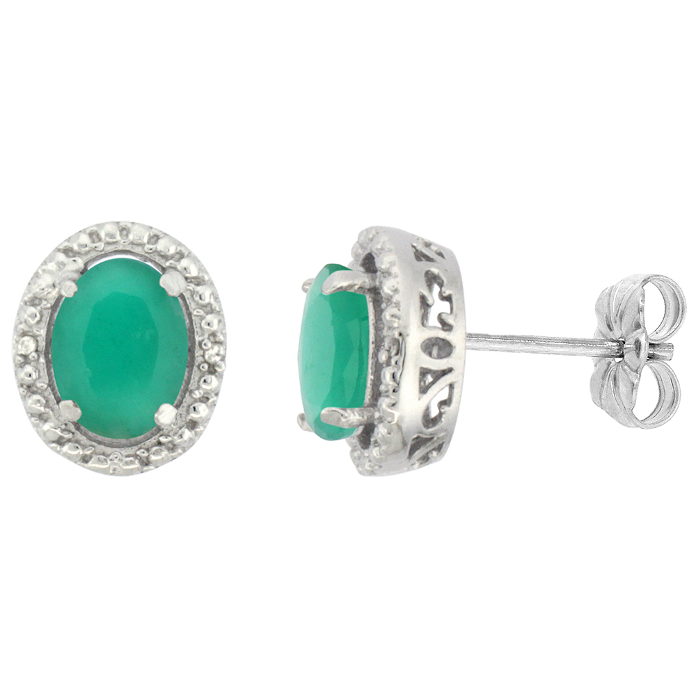 10K WHITE GOLD 0.01 CTTW DIAMOND NATURAL CABOCHON EMERALD POST EARRINGS OVAL 7X5 MM