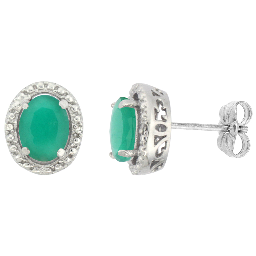 10K White Gold 0.01 cttw Diamond Natural Cabochon Emerald Post Earrings Oval 7x5 mm