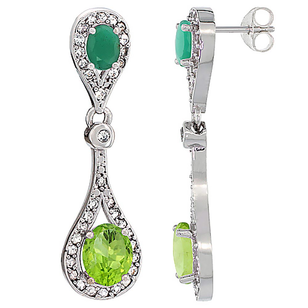 14K WHITE GOLD NATURAL PERIDOT & EMERALD OVAL DANGLING EARRINGS WHITE SAPPHIRE & DIAMOND ACCENTS, 1 3/8 INCHES LONG