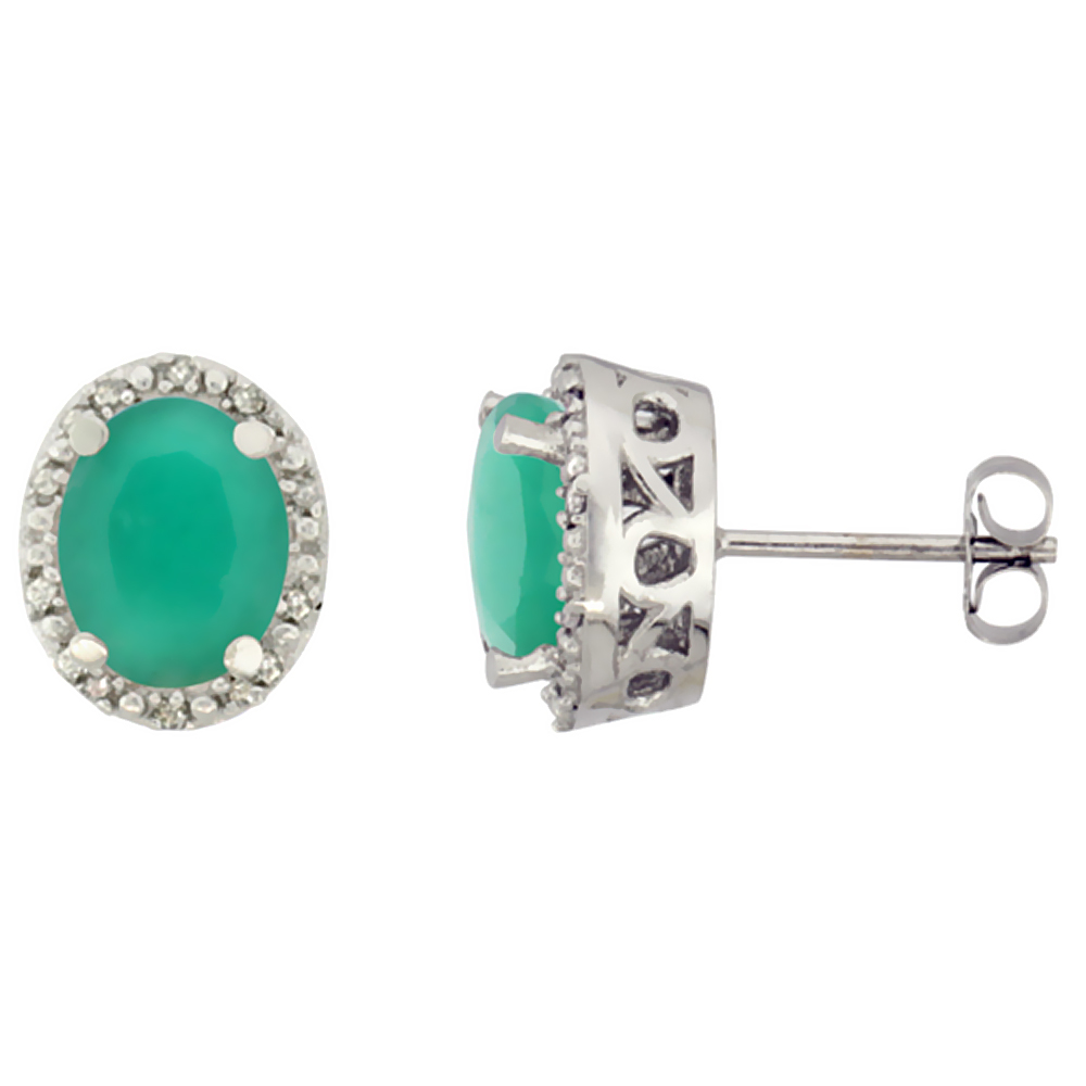 10K White Gold Genuine Quality Emerald Stud Earrings Diamond Halo Oval 8x6 mm