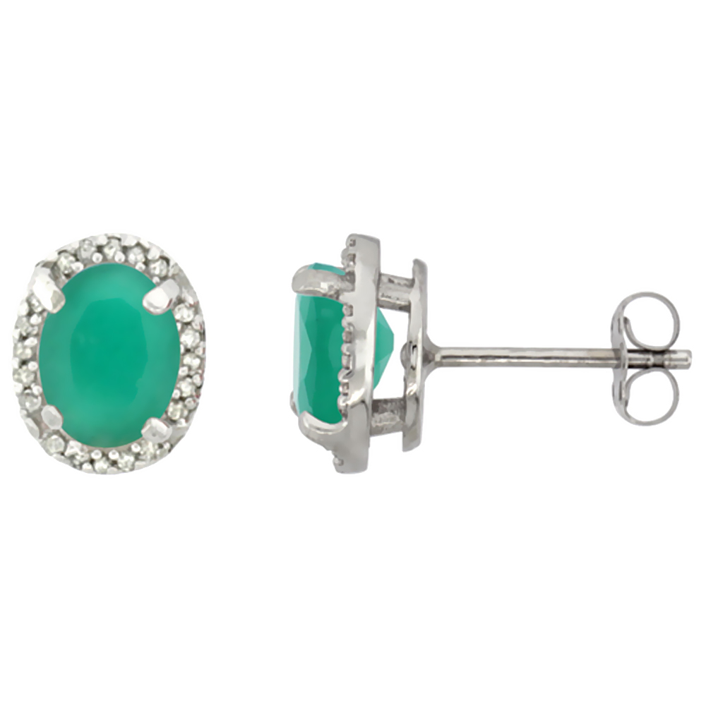 10K White Gold Diamond Natural Emerald Earrings Oval 7x5 mm