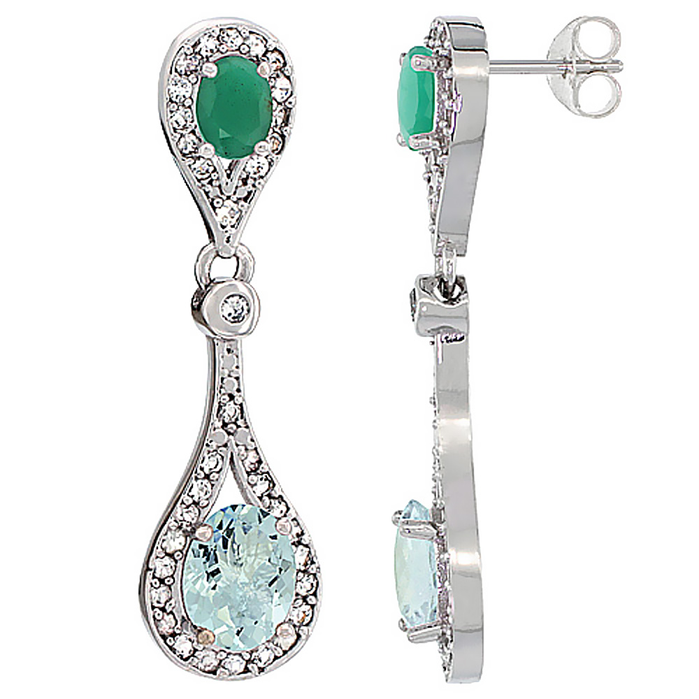 14K WHITE GOLD NATURAL AQUAMARINE & EMERALD OVAL DANGLING EARRINGS WHITE SAPPHIRE & DIAMOND ACCENTS, 1 3/8 INCHES LONG