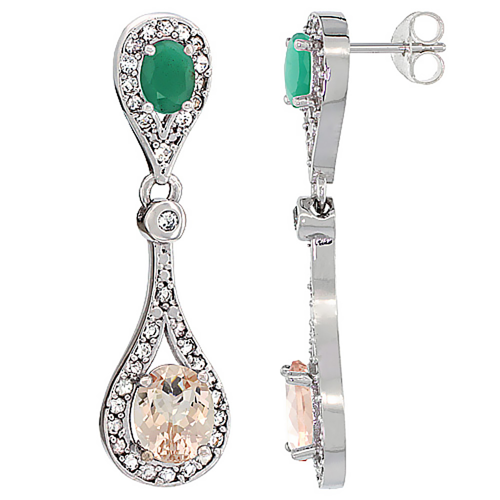 14K WHITE GOLD NATURAL MORGANITE & EMERALD OVAL DANGLING EARRINGS WHITE SAPPHIRE & DIAMOND ACCENTS, 1 3/8 INCHES LONG