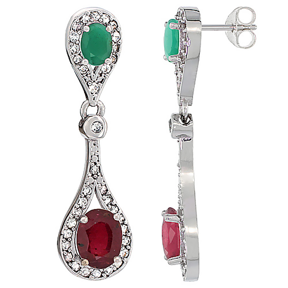 14K WHITE GOLD ENHANCED RUBY & EMERALD OVAL DANGLING EARRINGS WHITE SAPPHIRE & DIAMOND ACCENTS, 1 3/8 INCHES LONG