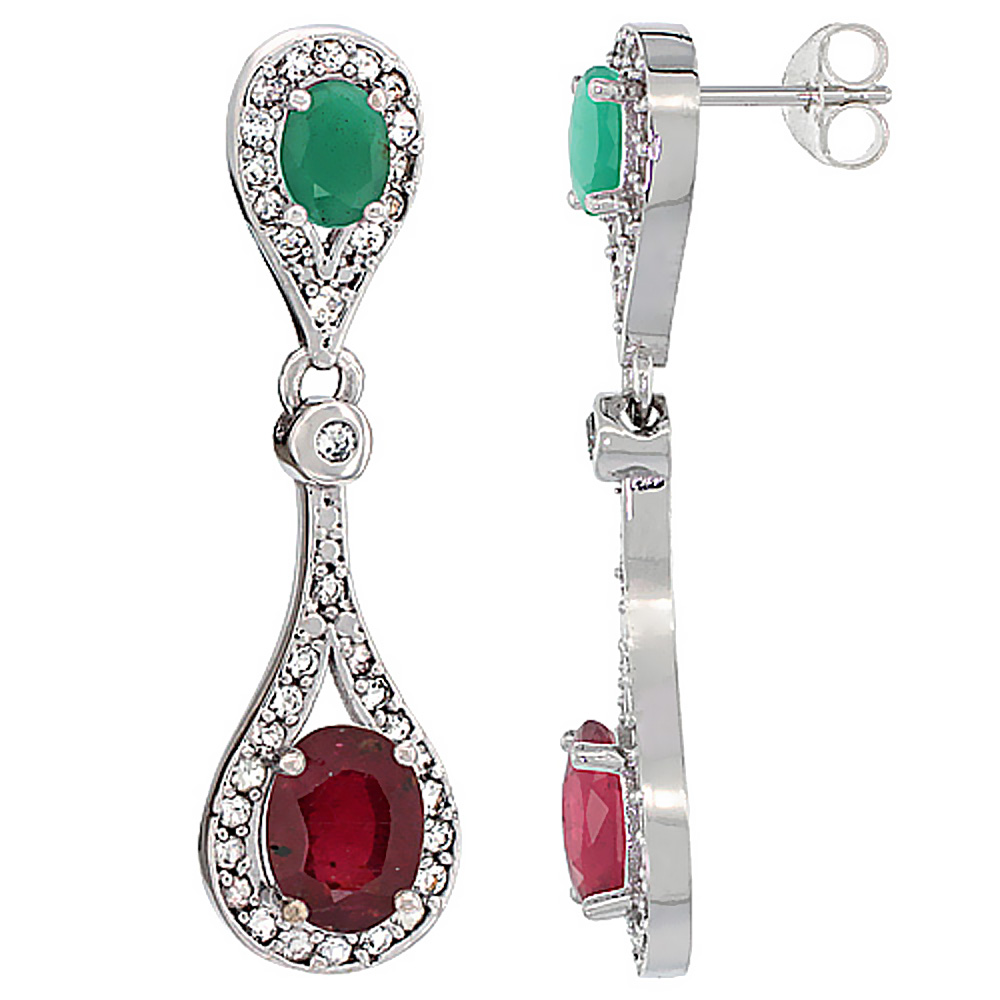 14K White Gold Enhanced Ruby & Emerald Oval Dangling Earrings White Sapphire & Diamond Accents, 1 3/8 inches long