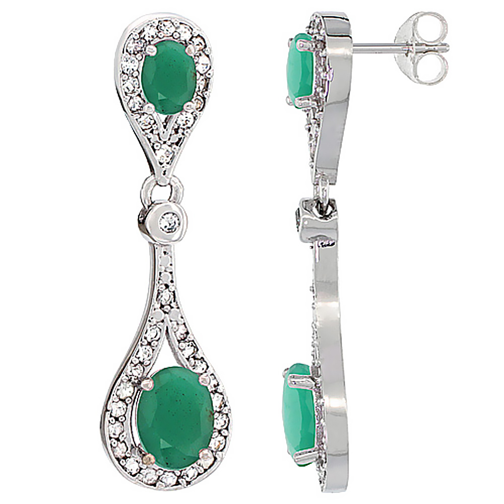 14K WHITE GOLD NATURAL CABOCHON EMERALD OVAL DANGLING EARRINGS WHITE SAPPHIRE & DIAMOND ACCENTS, 1 3/8 INCHES LONG