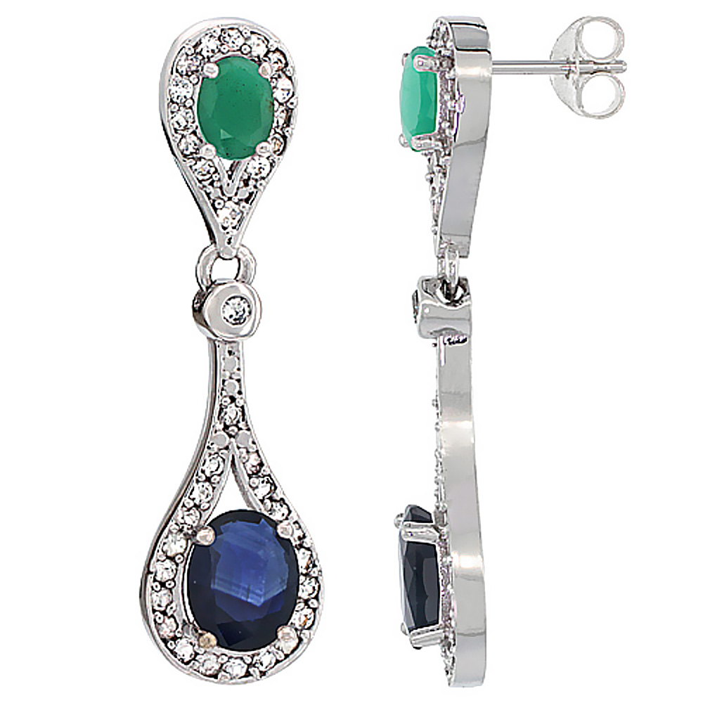 14K WHITE GOLD NATURAL BLUE SAPPHIRE & EMERALD OVAL DANGLING EARRINGS WHITE SAPPHIRE & DIAMOND ACCENTS, 1 3/8 INCHES LONG