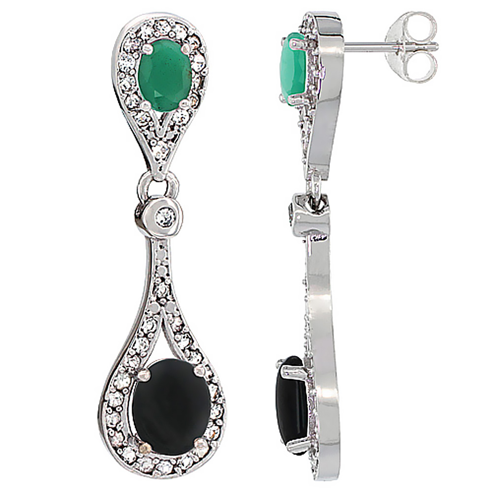 14K White Gold Natural Black Onyx &amp; Emerald Oval Dangling Earrings White Sapphire &amp; Diamond Accents, 1 3/8 inches long