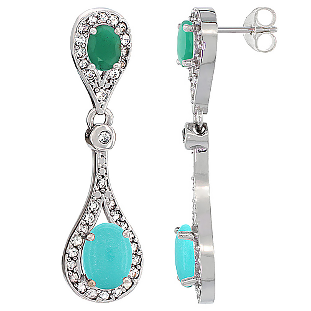 14K WHITE GOLD NATURAL TURQUOISE & EMERALD OVAL DANGLING EARRINGS WHITE SAPPHIRE & DIAMOND ACCENTS, 1 3/8 INCHES LONG