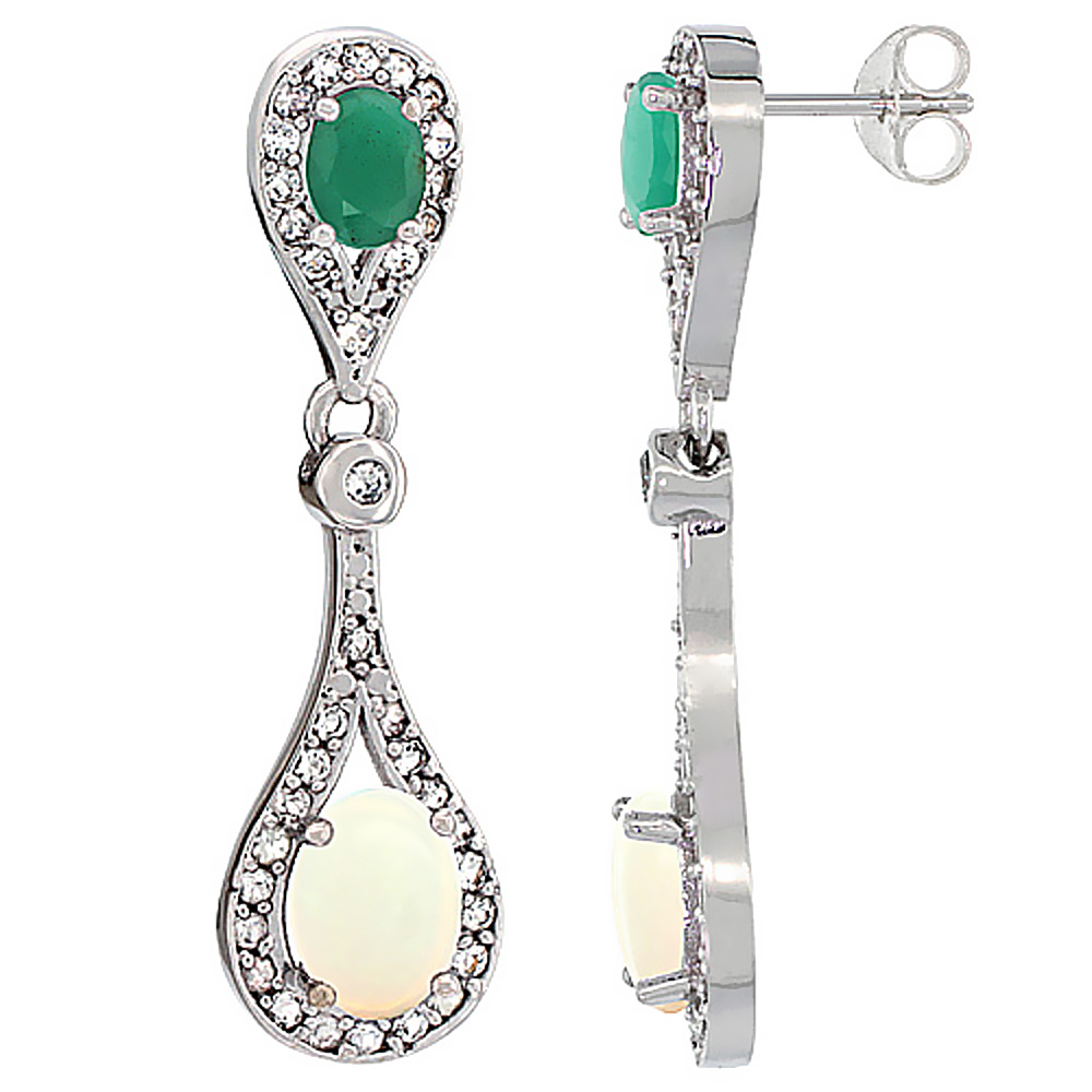 10K White Gold Natural Opal &amp; Cabochon Emerald Oval Dangling Earrings White Sapphire &amp; Diamond Accents, 1 3/8 inches long