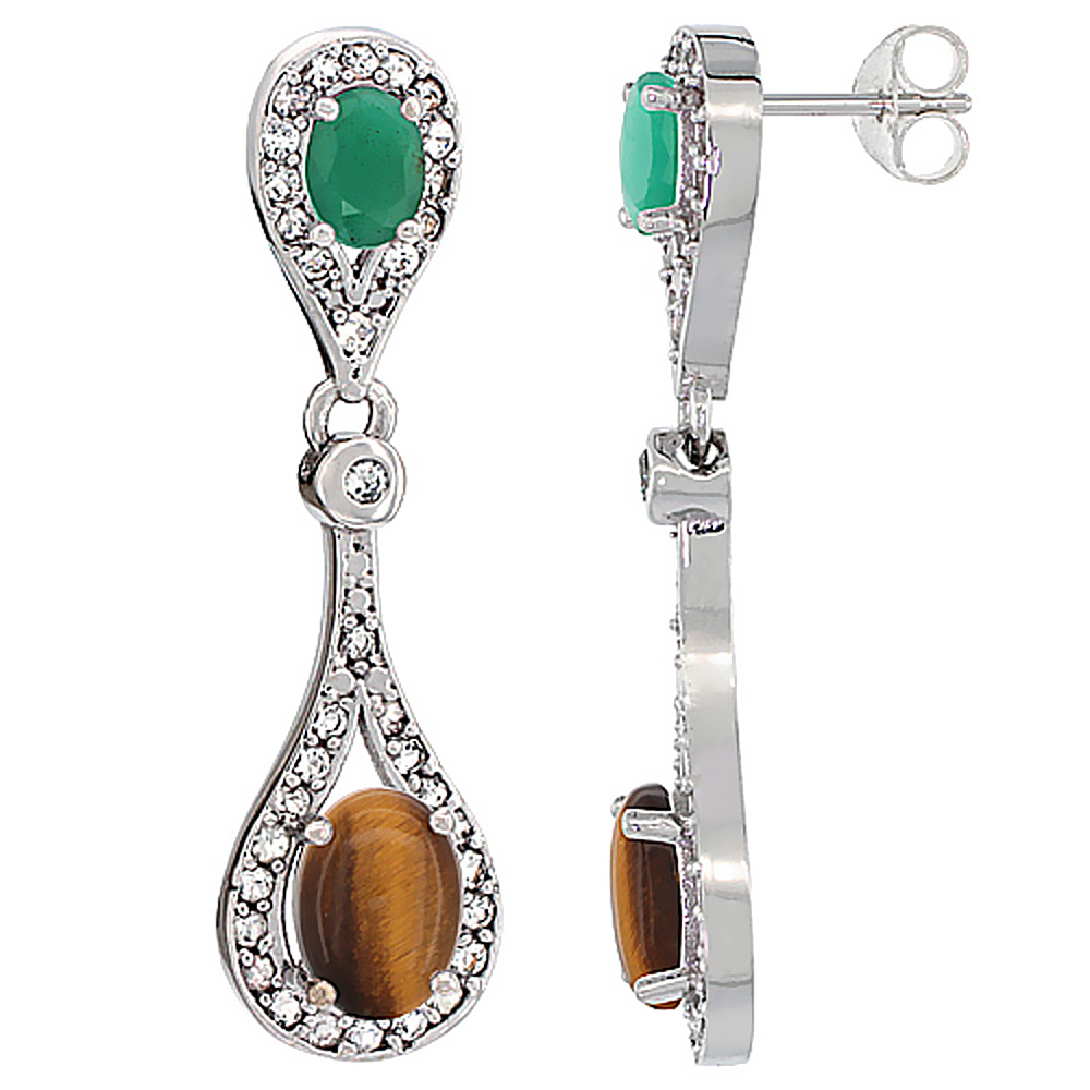 14K WHITE GOLD NATURAL TIGER EYE & CABOCHON EMERALD OVAL DANGLING EARRINGS WHITE SAPPHIRE & DIAMOND ACCENTS, 1 3/8 INCHES LONG