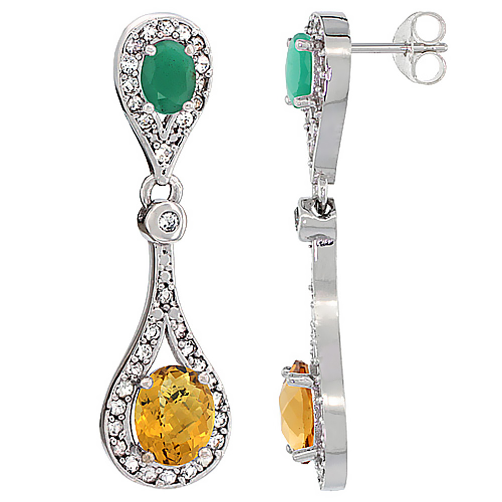 14K WHITE GOLD NATURAL WHISKY QUARTZ & CABOCHON EMERALD OVAL DANGLING EARRINGS WHITE SAPPHIRE & DIAMOND ACCENTS, 1 3/8 INCHES LONG