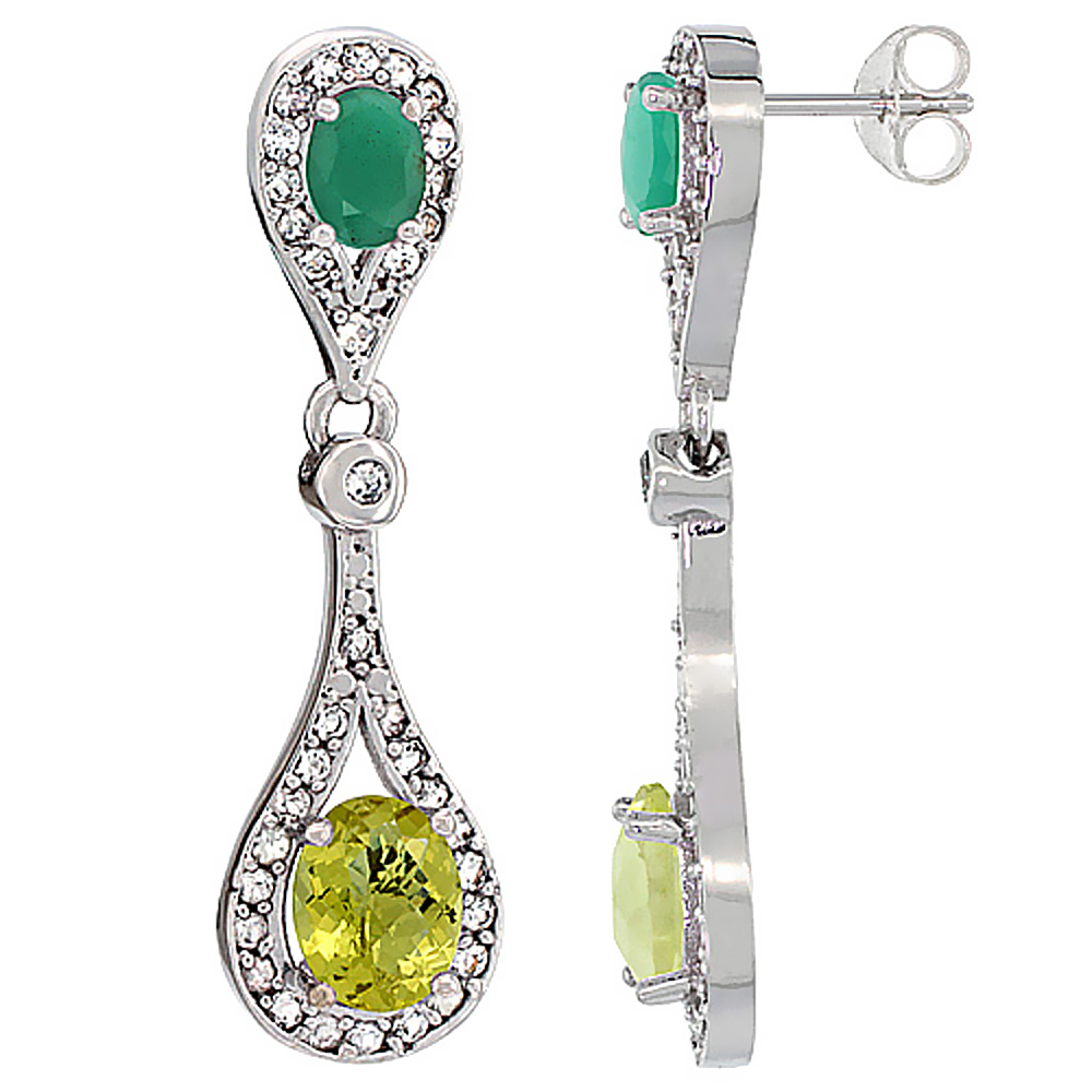 14K WHITE GOLD NATURAL LEMON QUARTZ & CABOCHON EMERALD OVAL DANGLING EARRINGS WHITE SAPPHIRE & DIAMOND ACCENTS, 1 3/8 INCHES LONG