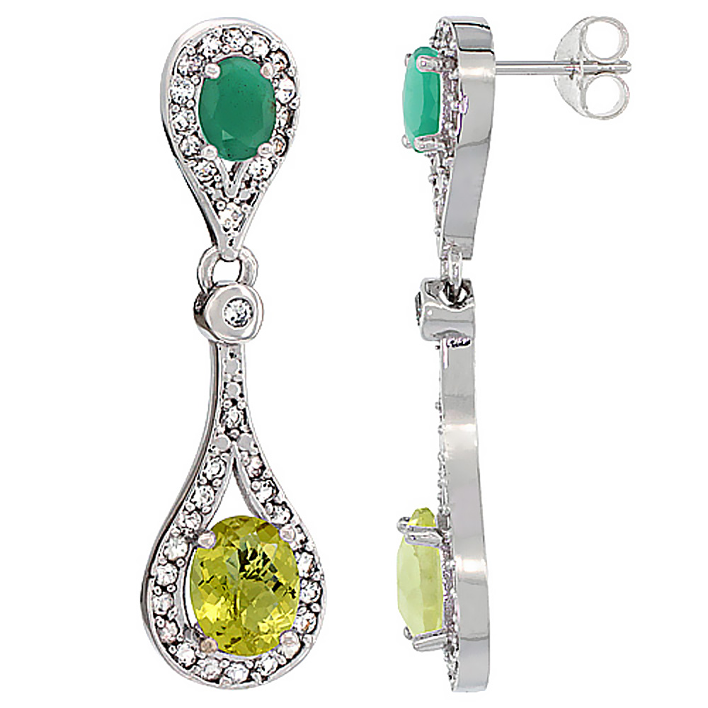 10K White Gold Natural Lemon Quartz &amp; Emerald Oval Dangling Earrings White Sapphire &amp; Diamond Accents, 1 3/8 inches long