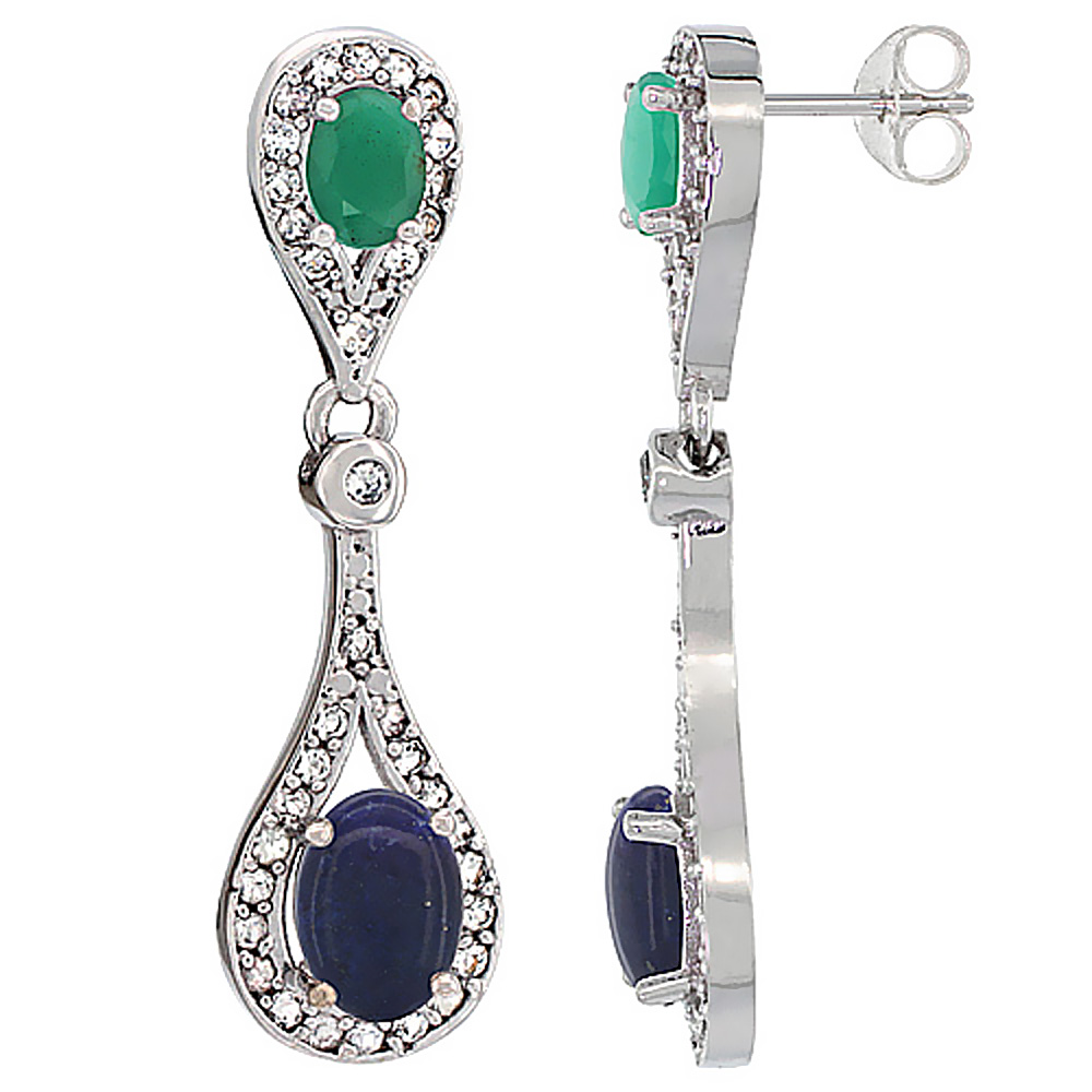 14K WHITE GOLD NATURAL LAPIS & CABOCHON EMERALD OVAL DANGLING EARRINGS WHITE SAPPHIRE & DIAMOND ACCENTS, 1 3/8 INCHES LONG