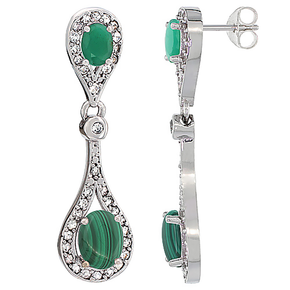 14K WHITE GOLD NATURAL MALACHITE & CABOCHON EMERALD OVAL DANGLING EARRINGS WHITE SAPPHIRE & DIAMOND ACCENTS, 1 3/8 INCHES LONG