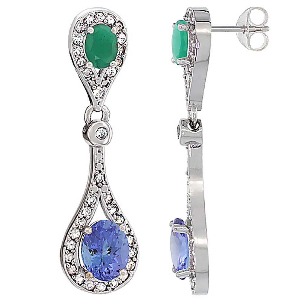 14K WHITE GOLD NATURAL TANZANITE & CABOCHON EMERALD OVAL DANGLING EARRINGS WHITE SAPPHIRE & DIAMOND ACCENTS, 1 3/8 INCHES LONG