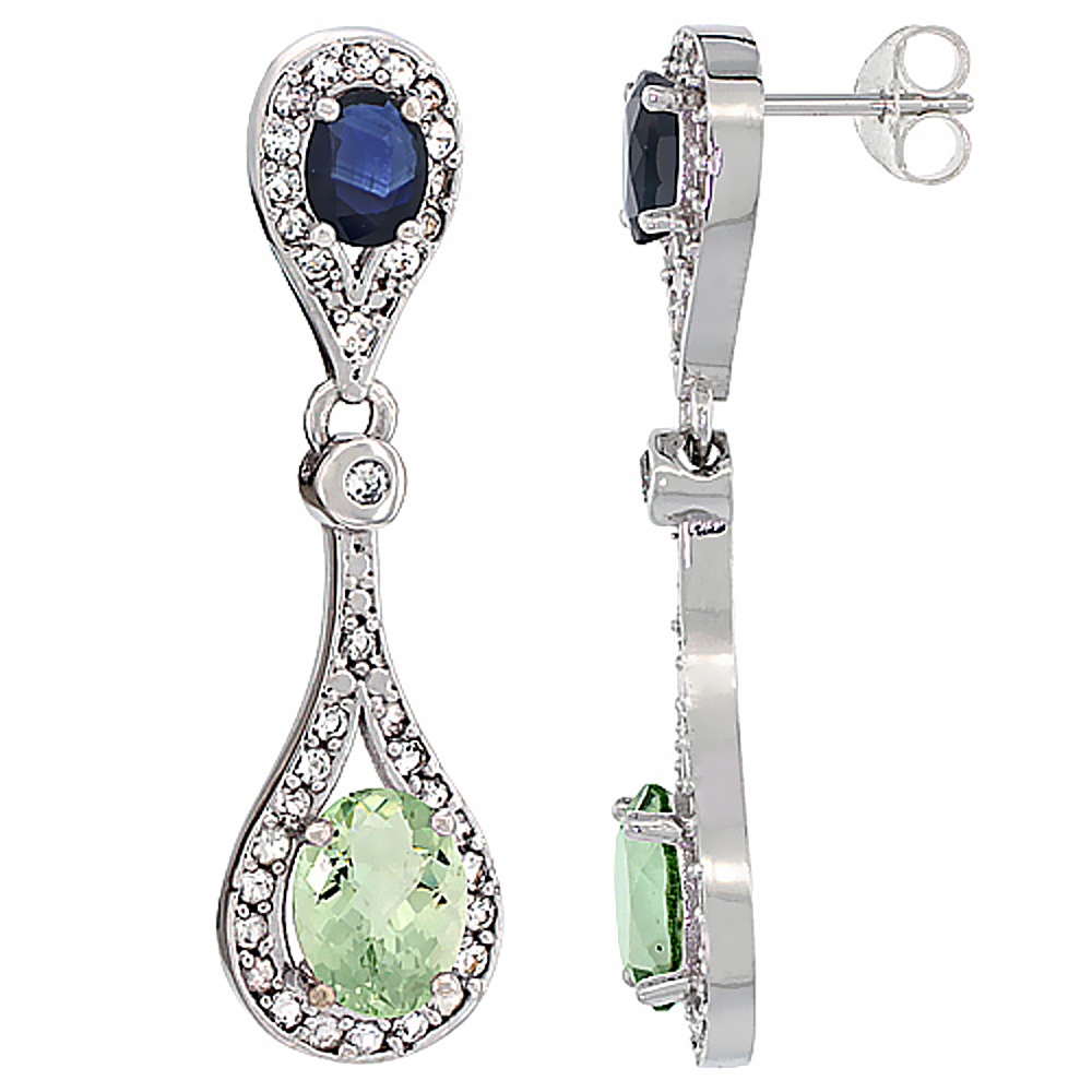 14K WHITE GOLD NATURAL GREEN AMETHYST & BLUE SAPPHIRE OVAL DANGLING EARRINGS WHITE SAPPHIRE & DIAMOND ACCENTS, 1 3/8 INCHES LONG