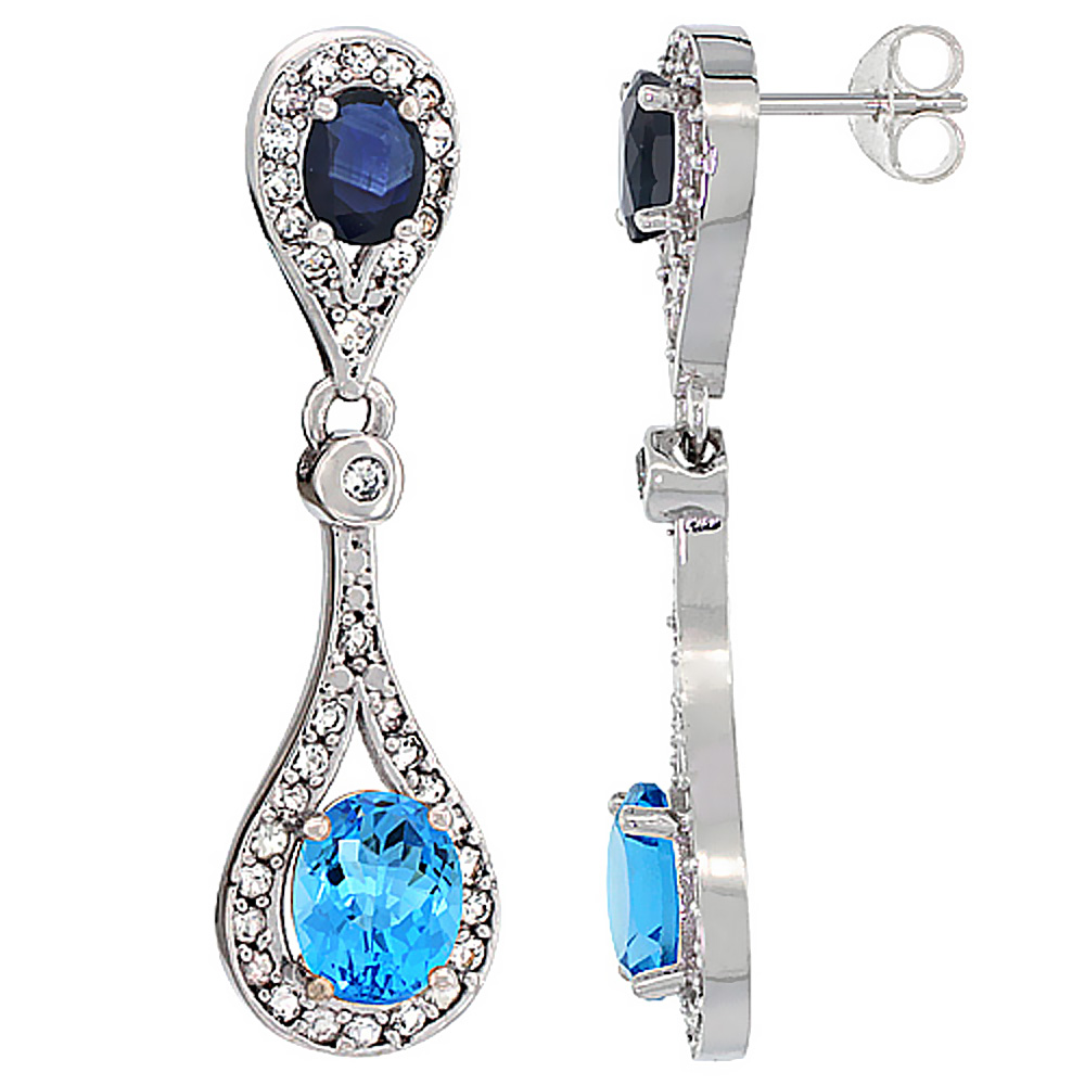 14K WHITE GOLD NATURAL SWISS BLUE TOPAZ & BLUE SAPPHIRE OVAL DANGLING EARRINGS WHITE SAPPHIRE & DIAMOND ACCENTS, 1 3/8 INCHES LONG