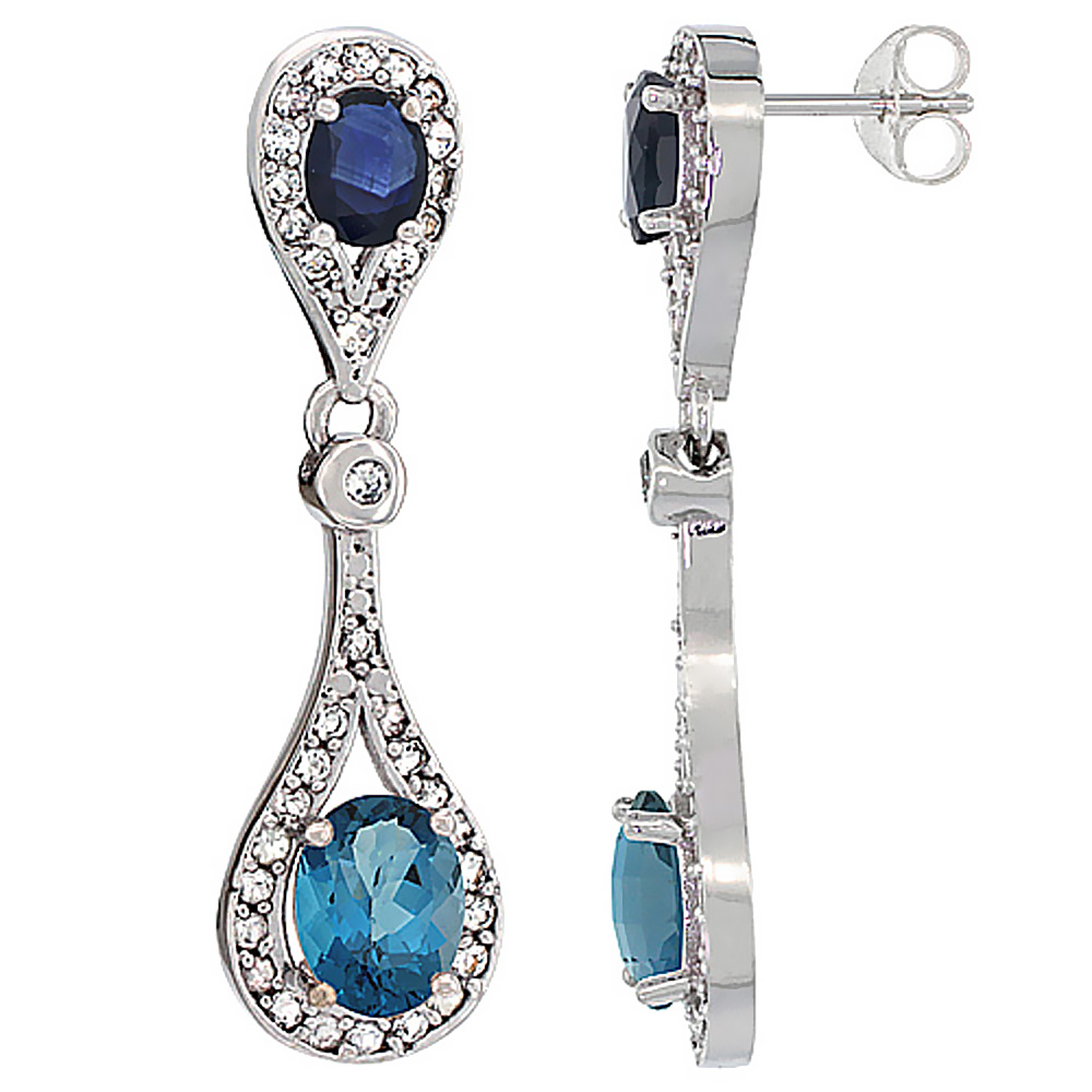 14K WHITE GOLD NATURAL LONDON BLUE TOPAZ & BLUE SAPPHIRE OVAL DANGLING EARRINGS WHITE SAPPHIRE & DIAMOND ACCENTS, 1 3/8 INCHES LONG