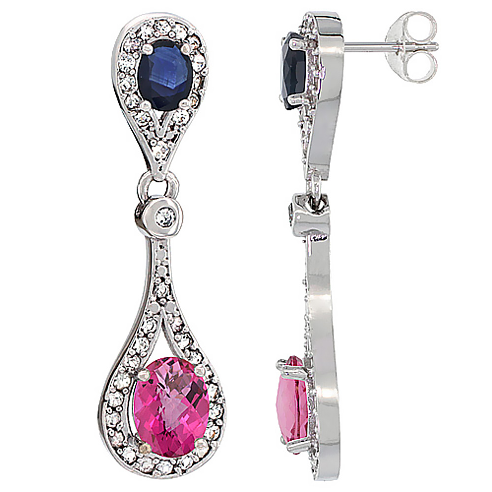 14K WHITE GOLD NATURAL PINK TOPAZ & BLUE SAPPHIRE OVAL DANGLING EARRINGS WHITE SAPPHIRE & DIAMOND ACCENTS, 1 3/8 INCHES LONG