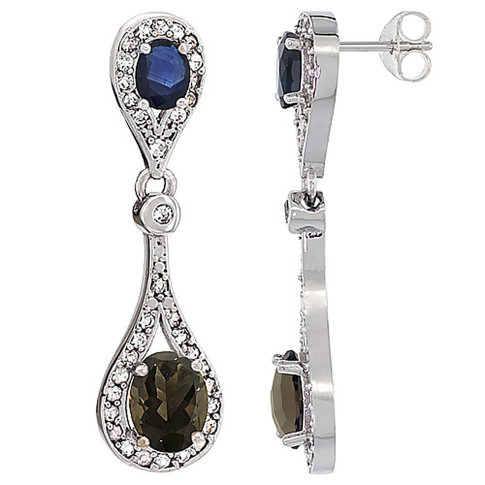 14K WHITE GOLD NATURAL SMOKY TOPAZ & BLUE SAPPHIRE OVAL DANGLING EARRINGS WHITE SAPPHIRE & DIAMOND ACCENTS, 1 3/8 INCHES LONG