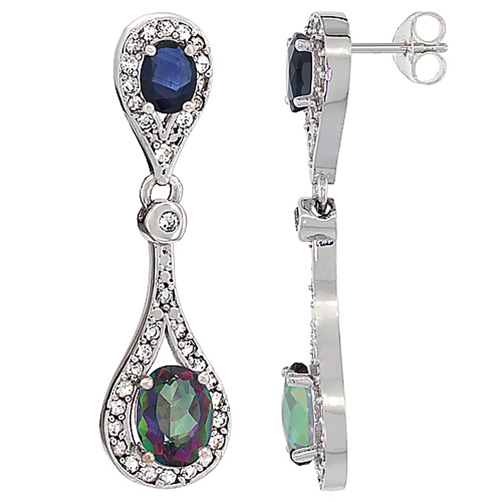 14K WHITE GOLD NATURAL MYSTIC TOPAZ & BLUE SAPPHIRE OVAL DANGLING EARRINGS WHITE SAPPHIRE & DIAMOND ACCENTS, 1 3/8 INCHES LONG
