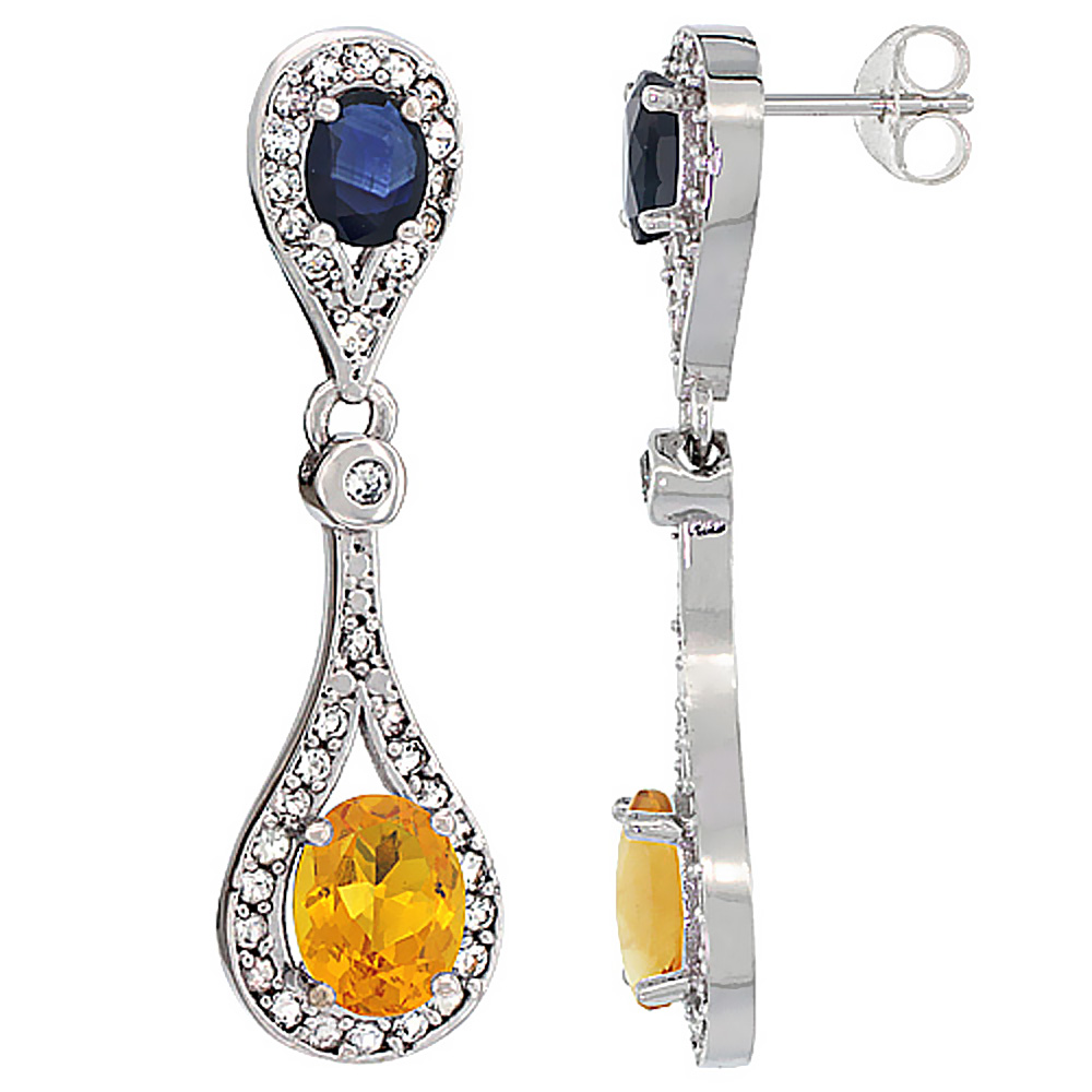 14K WHITE GOLD NATURAL CITRINE & BLUE SAPPHIRE OVAL DANGLING EARRINGS WHITE SAPPHIRE & DIAMOND ACCENTS, 1 3/8 INCHES LONG