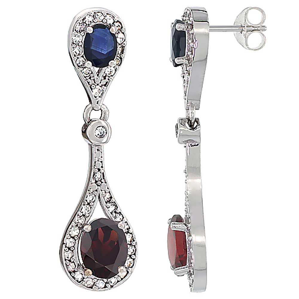 14K WHITE GOLD NATURAL GARNET & BLUE SAPPHIRE OVAL DANGLING EARRINGS WHITE SAPPHIRE & DIAMOND ACCENTS, 1 3/8 INCHES LONG