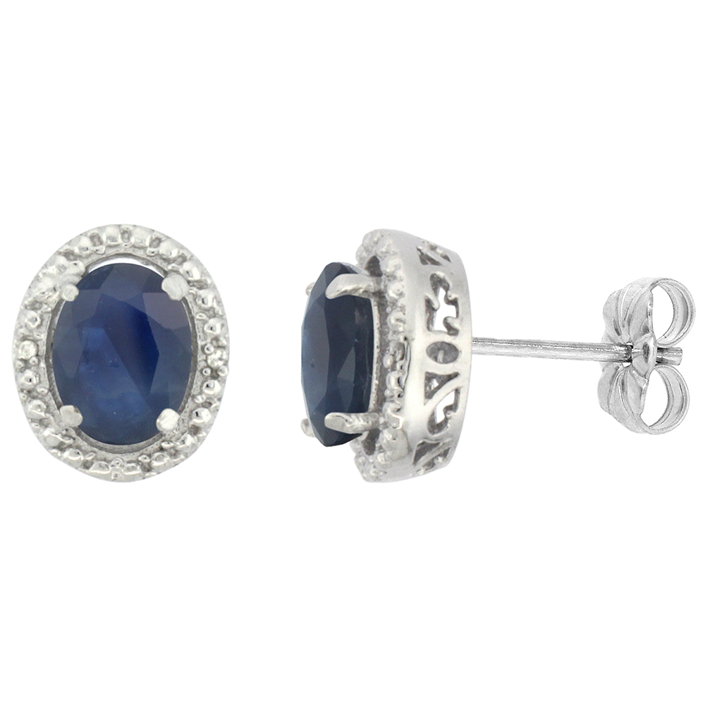 10K White Gold 0.01 cttw Diamond Natural Quality Blue Sapphire Post Earrings Oval 7x5 mm