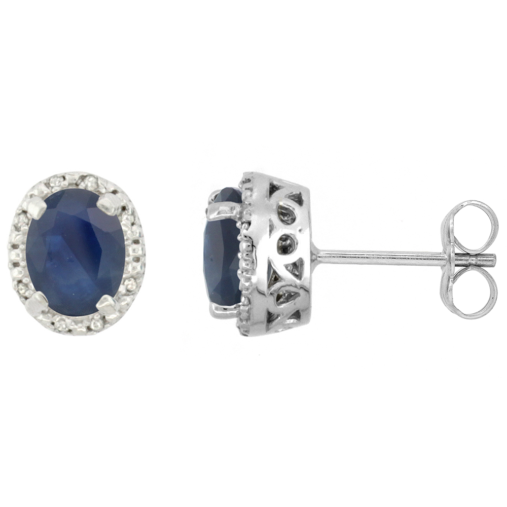 10K WHITE GOLD DIAMOND HALO NATURAL BLUE SAPPHIRE STUD EARRINGS OVAL 7X5 MM