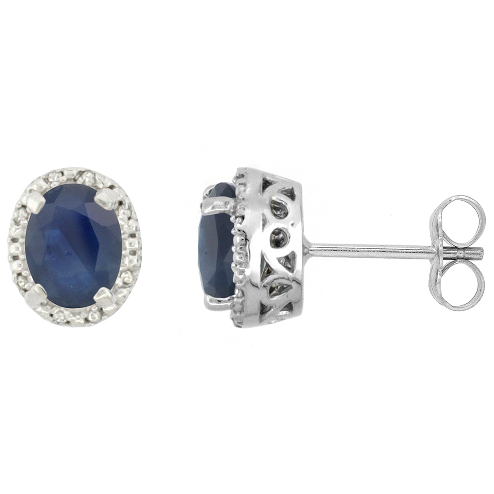 10K White Gold Diamond Halo Natural Blue Sapphire Stud Earrings Oval 7x5 mm