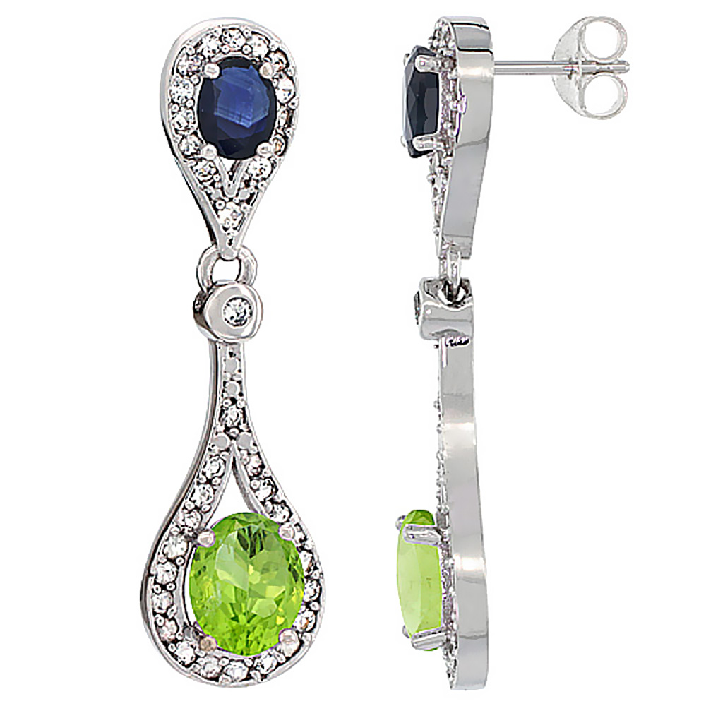 14K WHITE GOLD NATURAL PERIDOT & BLUE SAPPHIRE OVAL DANGLING EARRINGS WHITE SAPPHIRE & DIAMOND ACCENTS, 1 3/8 INCHES LONG
