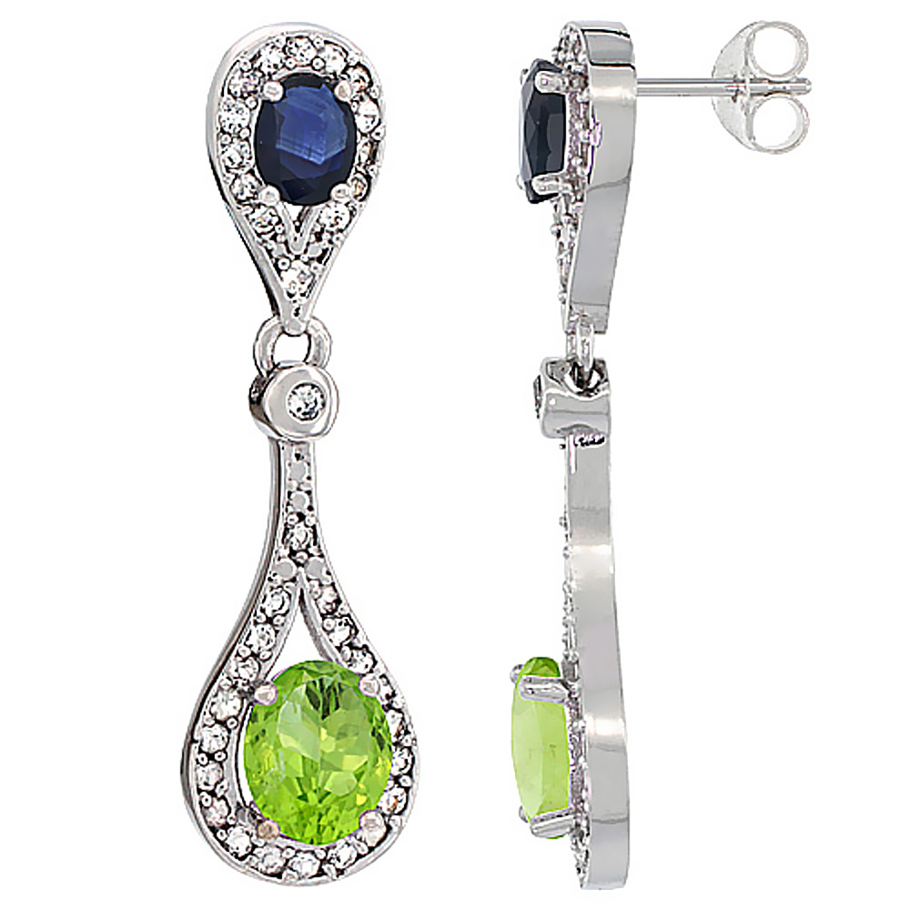 10K White Gold Natural Peridot & Blue Sapphire Oval Dangling Earrings White Sapphire & Diamond Accents, 1 3/8 inches long