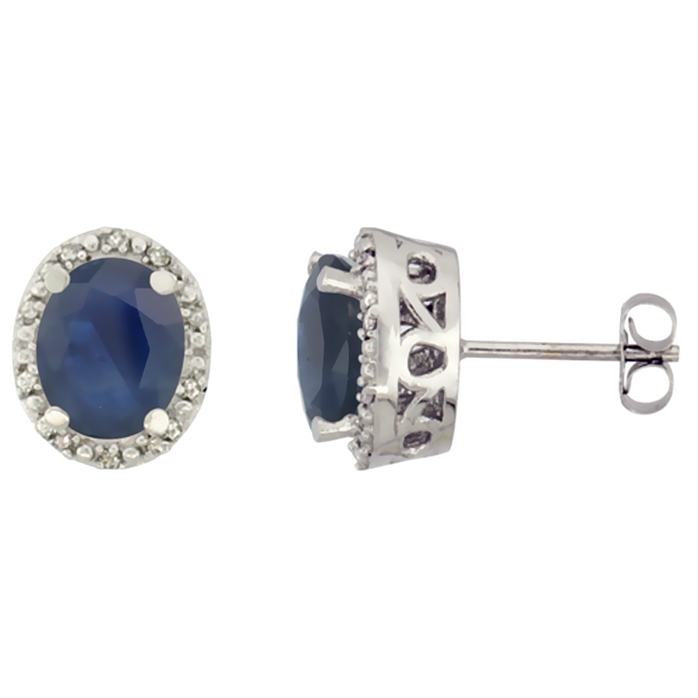 10K WHITE GOLD GENUINE BLUE SAPPHIRE STUD EARRINGS DIAMOND HALO OVAL 8X6 MM