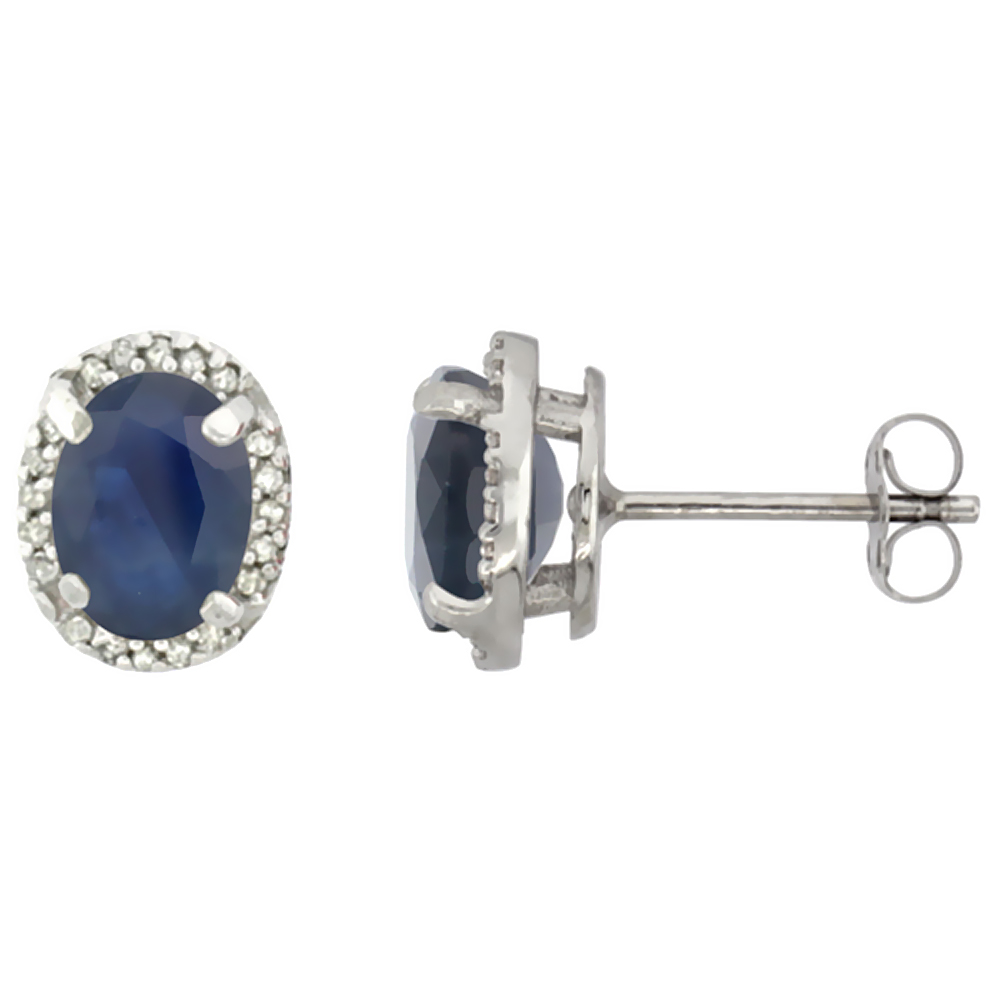 10K White Gold Diamond Natural Blue Sapphire Earrings Oval 7x5 mm